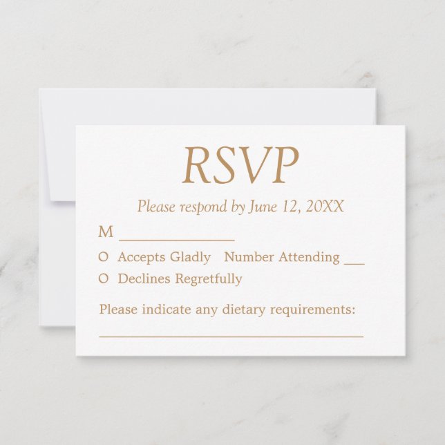 Carte RSVP de mariage blanc beige doré (Devant)