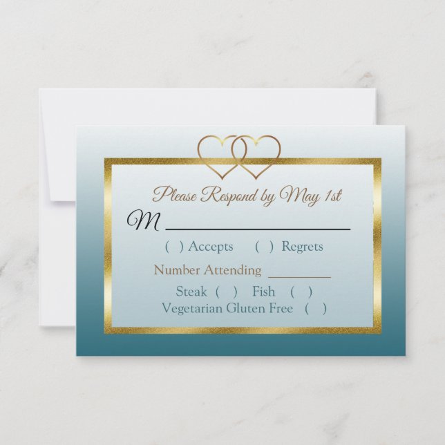 Carte RSVP de mariage bleu ardoise et doré (Devant)