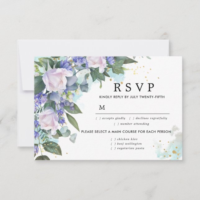 Carte RSVP de mariage bleu blanc floral, options d (Devant)