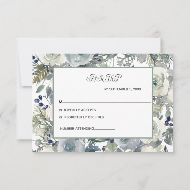 Carte RSVP de mariage bleu blanc vert floral (Devant)