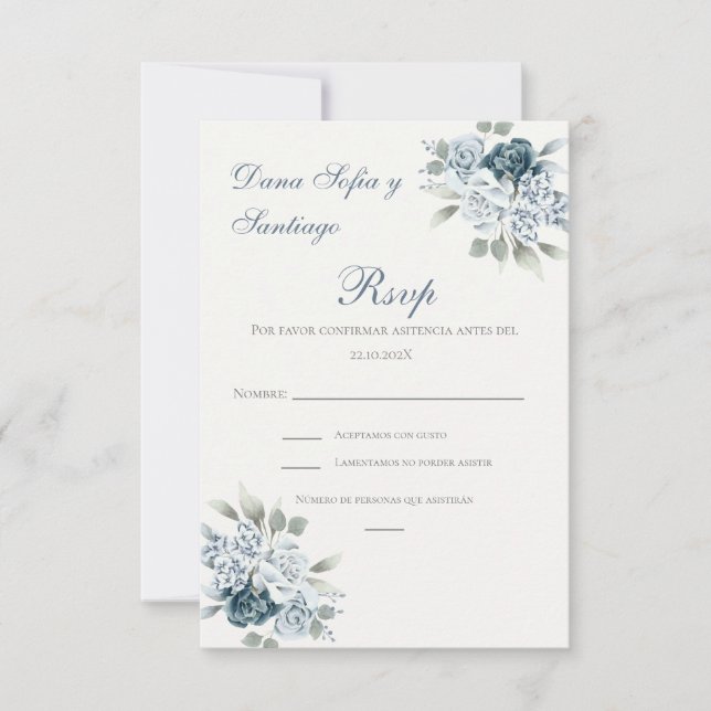 Carte RSVP de mariage bleu espagnol (Devant)