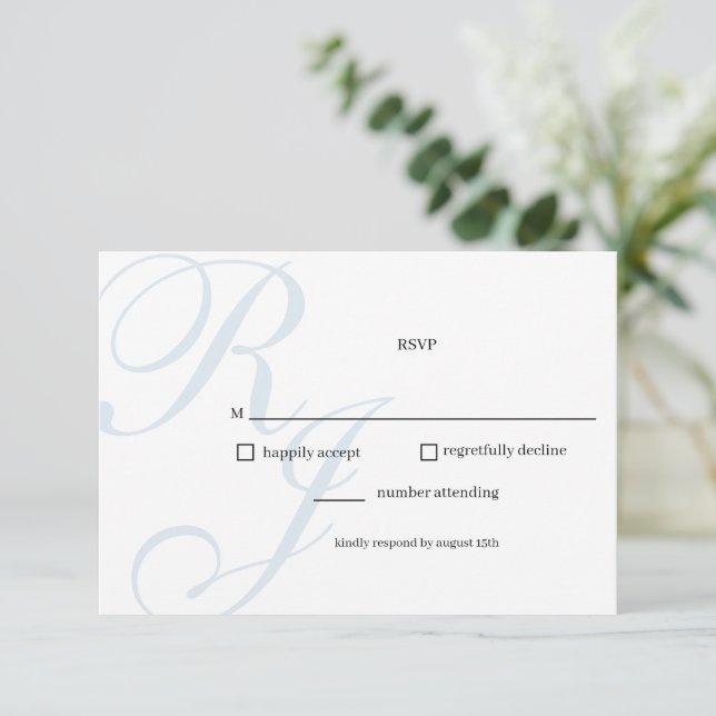 Carte RSVP de mariage bleu et blanc Dusty (Debout devant)