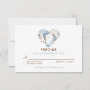 Carte RSVP de mariage bleu fleuri coeur couronne