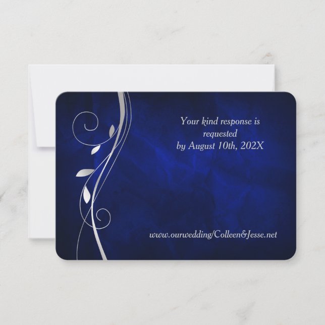 Carte RSVP de mariage bleu profond feuille d'argen (Devant)