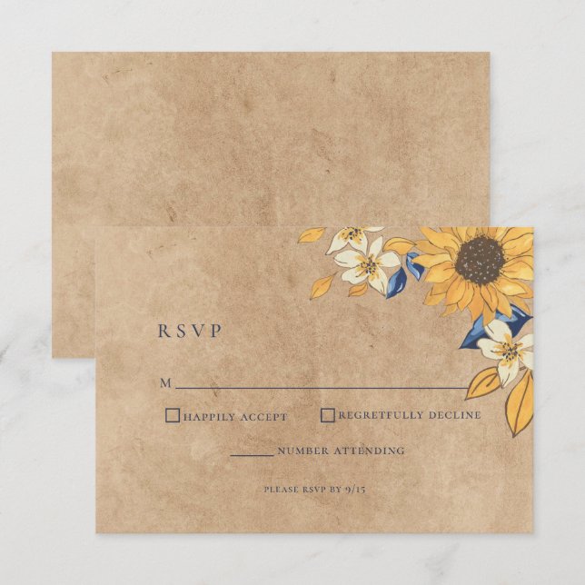 Carte RSVP de mariage bleu Tournesol rustique (Devant / Derrière)