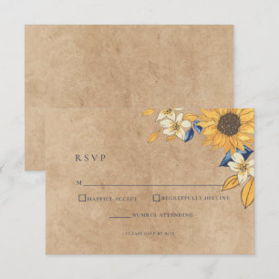 Carte RSVP de mariage bleu Tournesol rustique