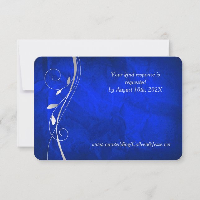 Carte RSVP de mariage bleu vif à feuille d'argent (Devant)