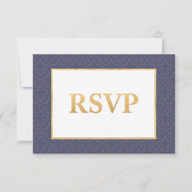 Carte RSVP de mariage Blue & Gold Fleur De Lis (Devant)