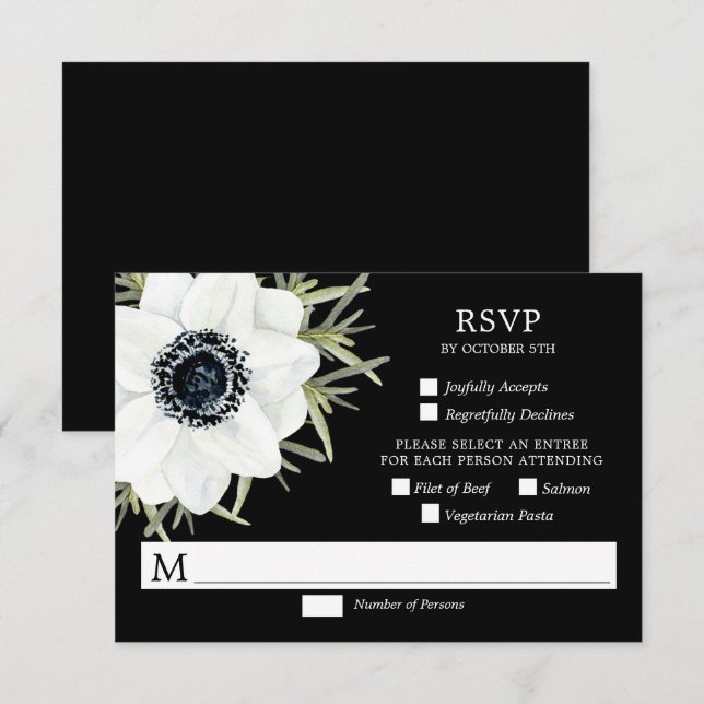 Carte RSVP de mariage botanique aux anémones noirs (Devant / Derrière)