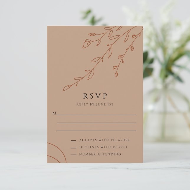 Carte RSVP de mariage botanique beige (Debout devant)