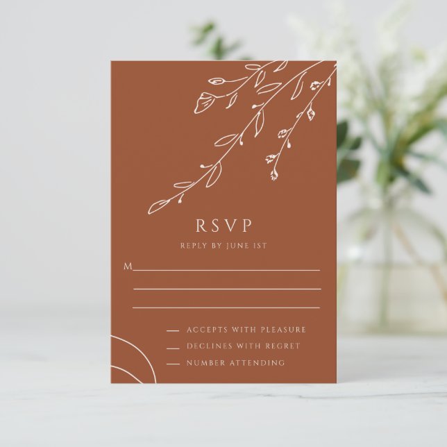 Carte RSVP de mariage botanique en terre cuite (Debout devant)