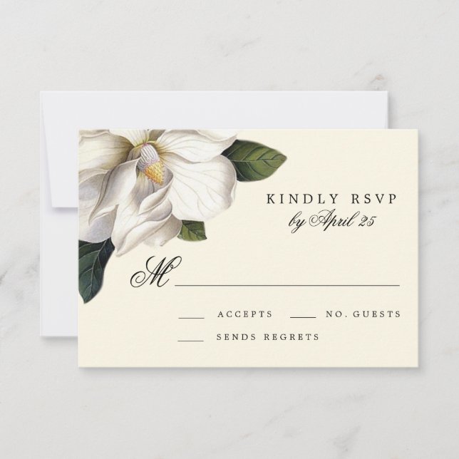 Carte RSVP de mariage botanique Magnolia Sud (Devant)