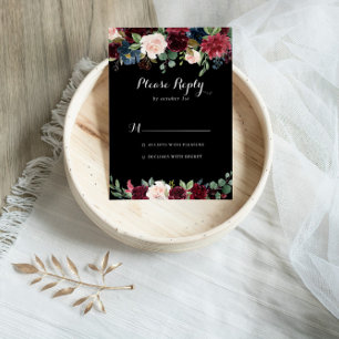 Carte RSVP de mariage botanique noir rustique