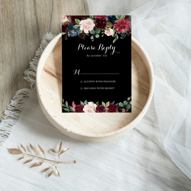 Carte RSVP de mariage botanique noir rustique (Créateur téléchargé)