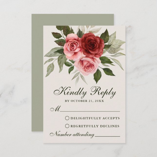 Carte RSVP de mariage botanique Red Roses Watercol (Devant / Derrière)