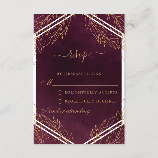 Carte RSVP de mariage Bourgogne et d'or (Devant)