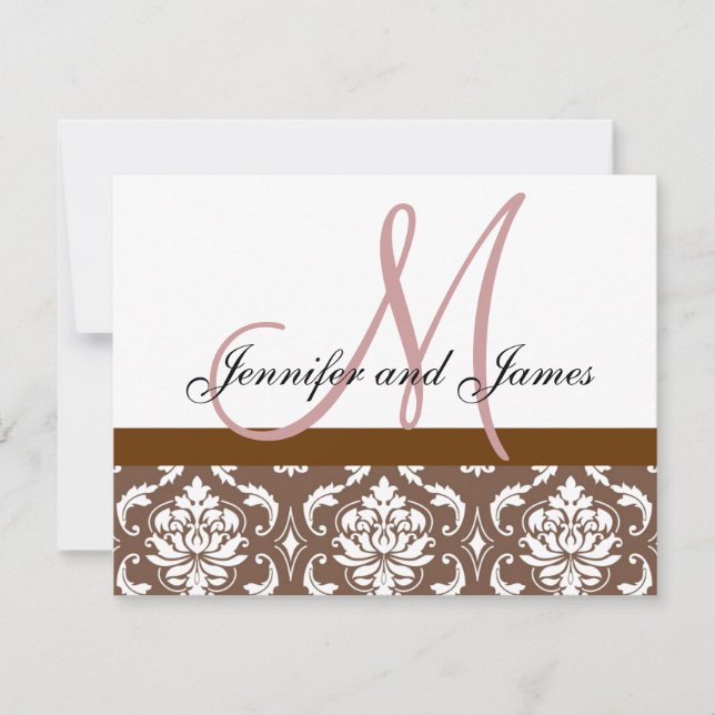Carte RSVP de mariage Brown rose Damas Monogramme (Devant)