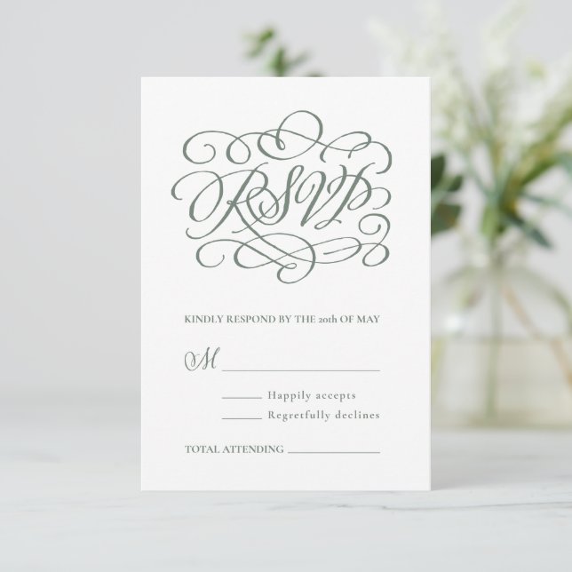 Carte RSVP de mariage Calligraphie verte Sage (Debout devant)