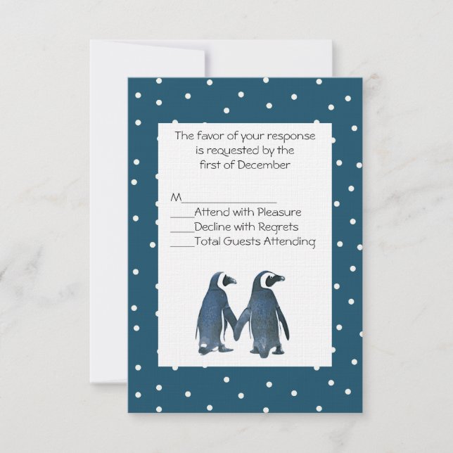 Carte RSVP de mariage couple de pingouin (Devant)