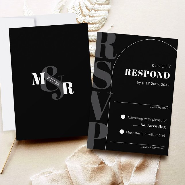 Carte RSVP de mariage d'arche d'espere noire moder (Classy black arch matching modern wedding invitation RSVP card, ampersand monogram Dk gray and white)