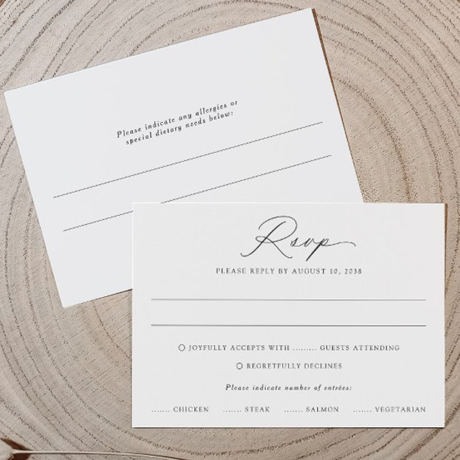 Carte RSVP de mariage de calligraphie délicate (Modern RSVP card with calligraphy and meal choices—includes space for guest allergies on back.)