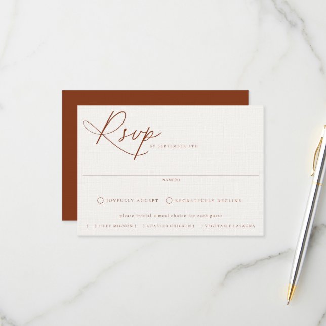 Carte RSVP de mariage de choix de repas de Sienne  (Devant/Arrière en situation)
