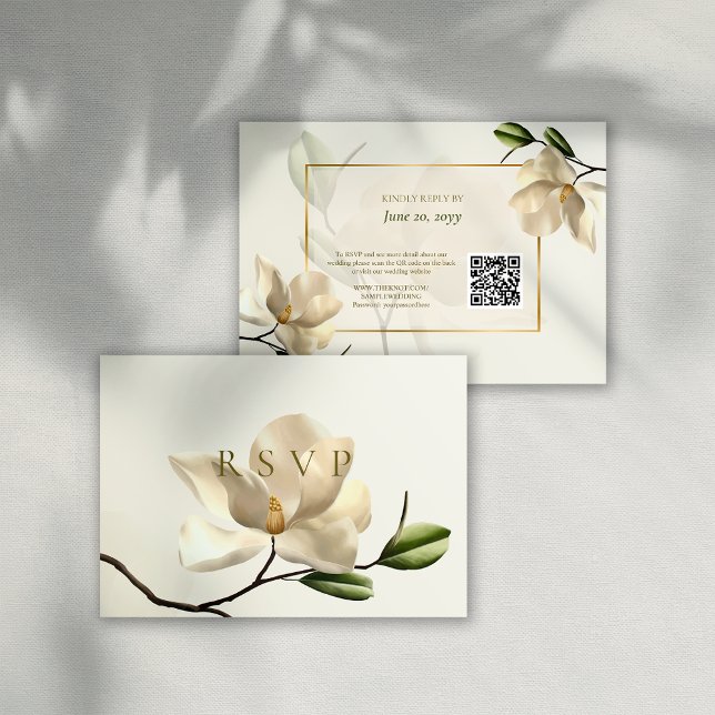 Carte RSVP de Mariage de code QR Magnolia blanc or (Oriental White Magnolia QR Code Wedding RSVP Card)