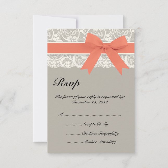 Carte RSVP de mariage de corail gris dentelle (Devant)