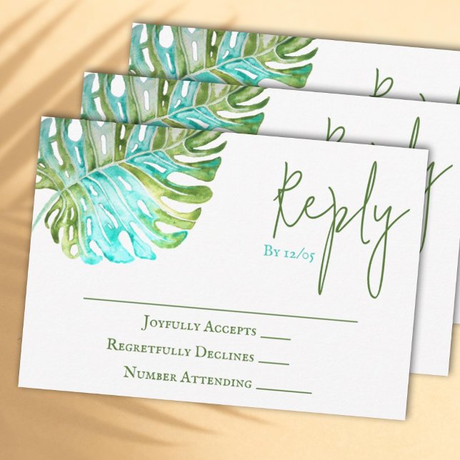 Carte RSVP de mariage de la feuille de Monstera tr (Watercolor light green and turquoise monstera leaf wedding RSVP reply card)
