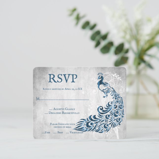 Carte RSVP de mariage de la vigne Peacock Bleu (Debout devant)