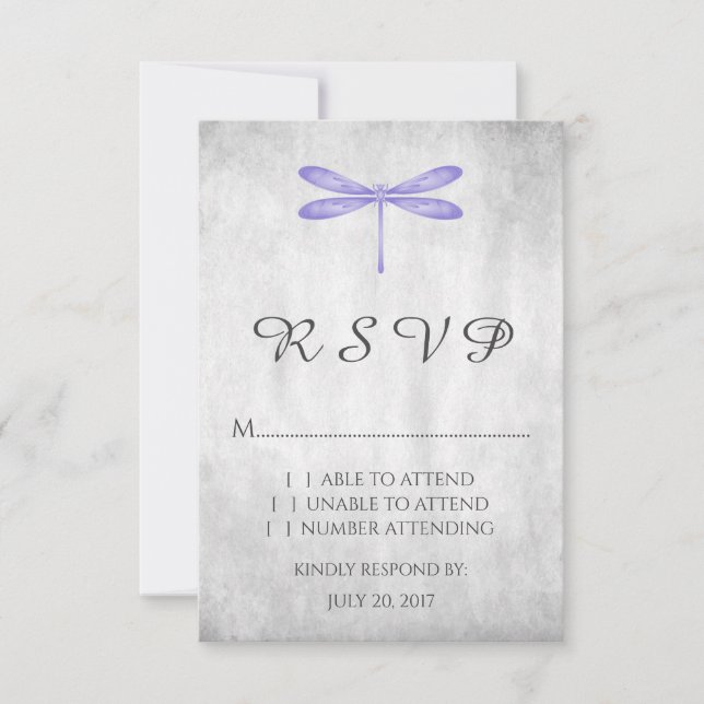Carte RSVP de mariage de libellules violettes (Devant)