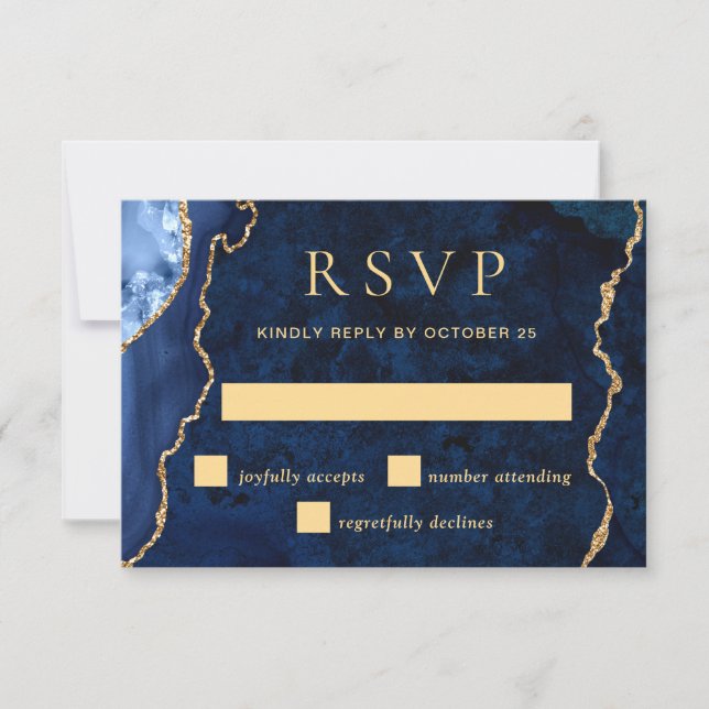 Carte RSVP de mariage de marbre bleu doré moderne (Devant)