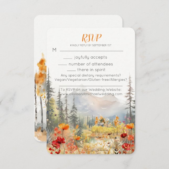 Carte RSVP de mariage de montagne d'automne (Devant / Derrière)