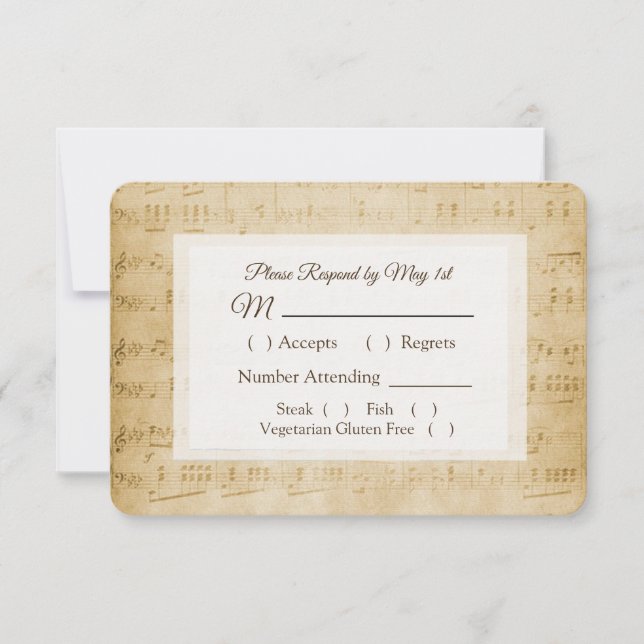 Carte RSVP de mariage de musique ancienne feuille (Devant)