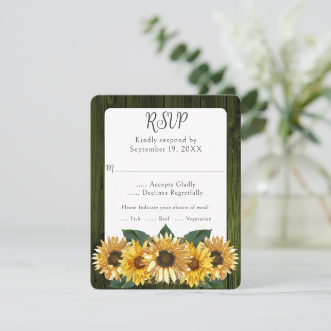 Carte RSVP de mariage de tournesol vert rustique (Debout devant)