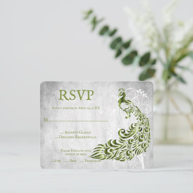 Carte RSVP de mariage de vigne Peacock vert (Debout devant)