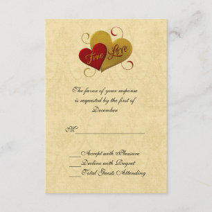 Carte RSVP de mariage double coeur rouge et or