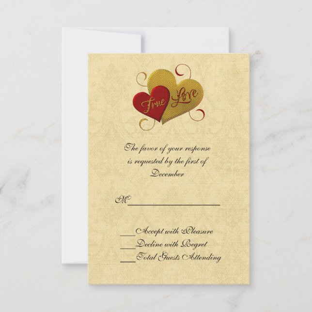Carte RSVP de mariage double coeur rouge et or (Devant)