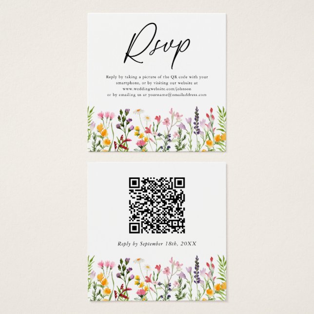 Carte RSVP de mariage du Fleur sauvage de code QR (Devant & derrière)