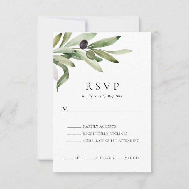 Carte RSVP de mariage élégant à la branche d'olivi (Devant)