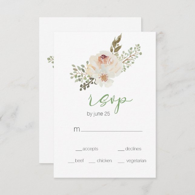 Carte RSVP de mariage élégant à la flore blanche (Devant / Derrière)