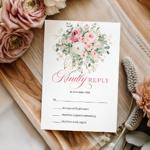 Carte RSVP de mariage Elégant Boho Blush Roses Or