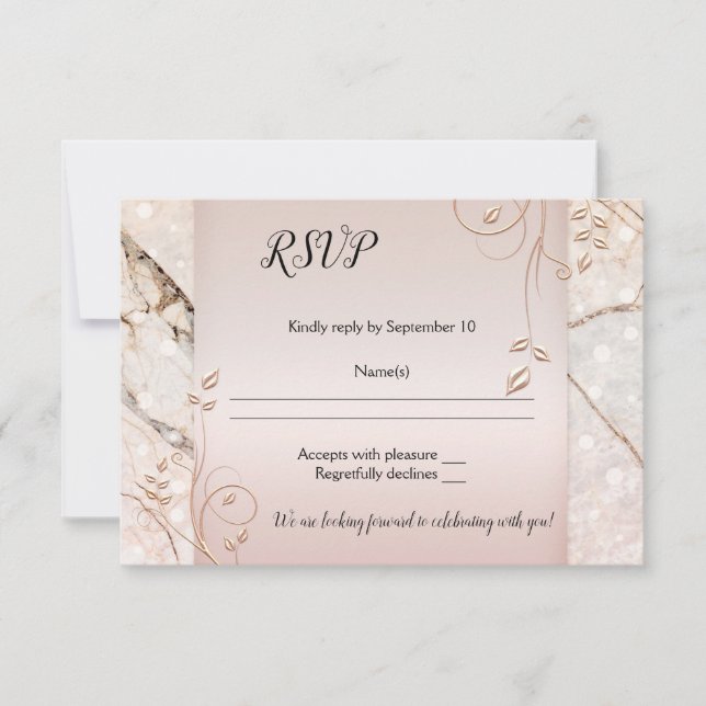 Carte RSVP de mariage élégante en marbre avec rose (Devant)