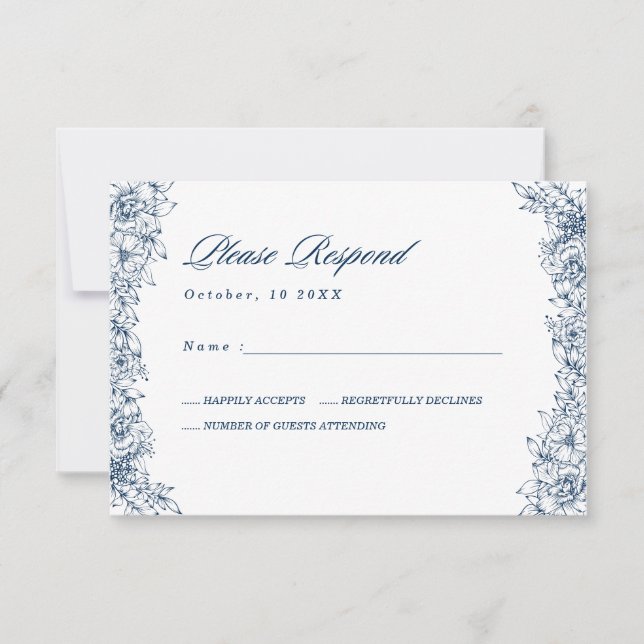 Carte RSVP de mariage élégante Fleur Blanche Bleue (Devant)