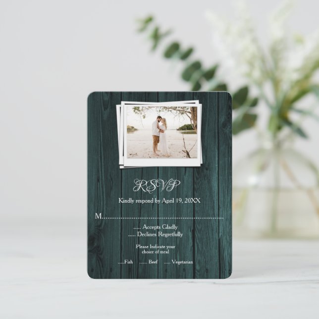 Carte RSVP de mariage en bois turquoise (Debout devant)