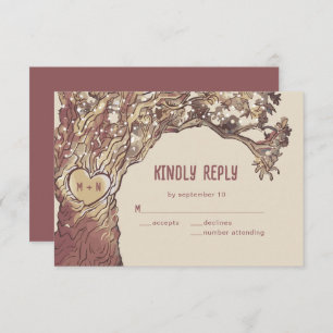 Carte RSVP de mariage en chêne de coeur sculpté ru