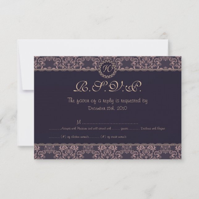 Carte RSVP de mariage en dentelle pourpre damassé (Devant)