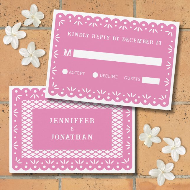 Carte RSVP de mariage en papier rose picado (Créateur téléchargé)