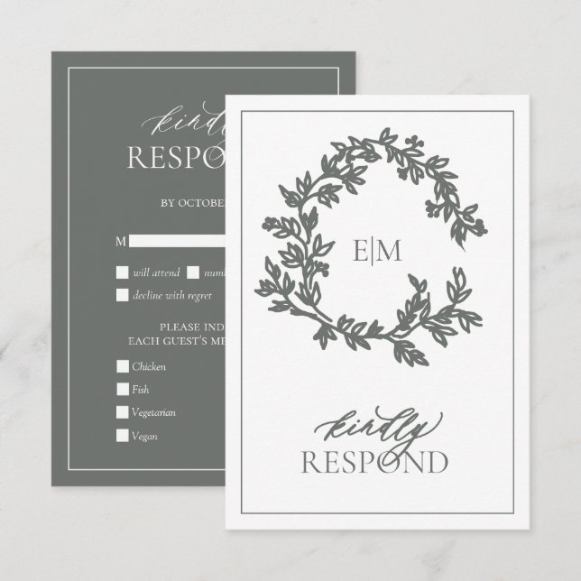 Carte RSVP de mariage Eucalyptus Monogramme vert (Devant / Derrière)