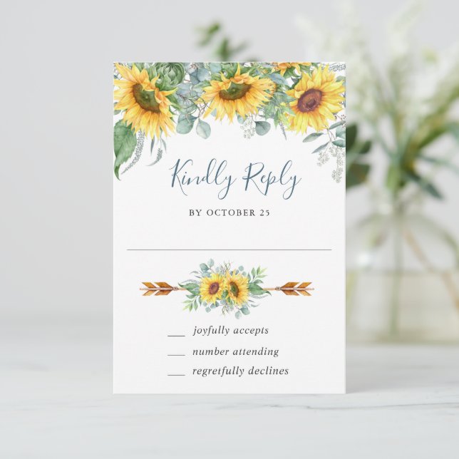 Carte RSVP de mariage Eucalyptus Sunflowers Aquare (Debout devant)